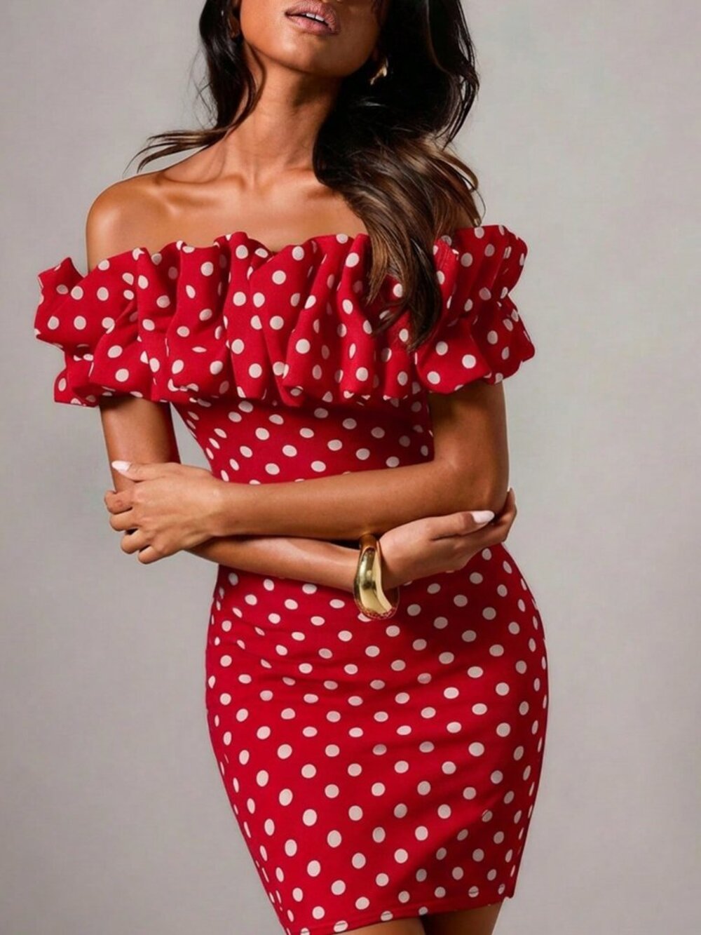 Red Elegant Women's Polka Dot print ruffled Off-Shoulder Mini Dress - Picture 6 of 6